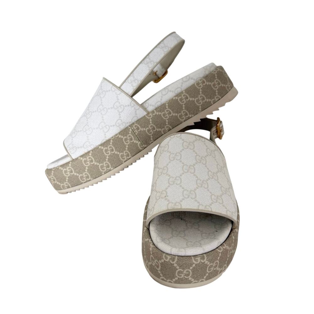 Gucci 41 GG Supreme Monogram Coated Canvas Platform Slingback Sandal White/Beige